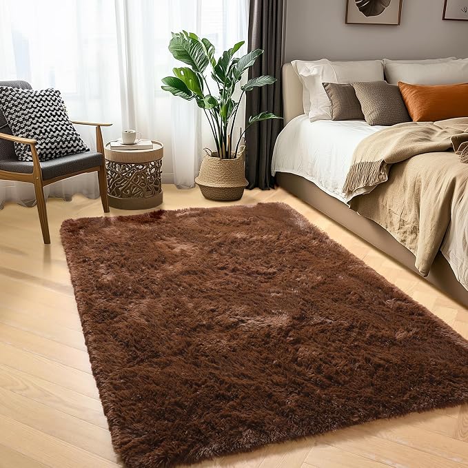 Amdrebio Dark Brown Area Rugs for Bedroom Living Room, Fluffy Shaggy Plush 4x6 - Image 3