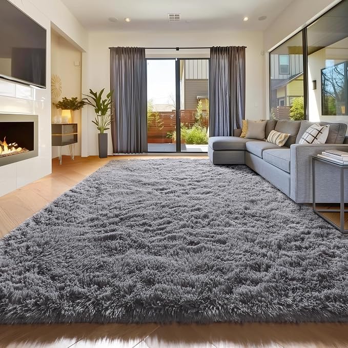 Amdrebio Grey Modern Fluffy Living Room Rugs, 5x8 Rug, Furry Area Rug by Amdrebio