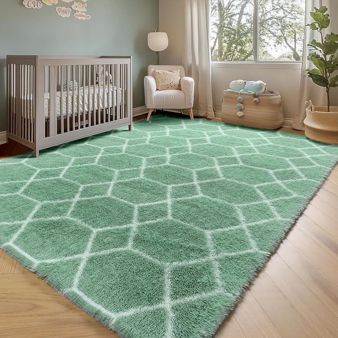 ONASAR Rugs for Living Room Bedroom, 5x8 Fluffy Sage Green and White Area Rug - Image 6