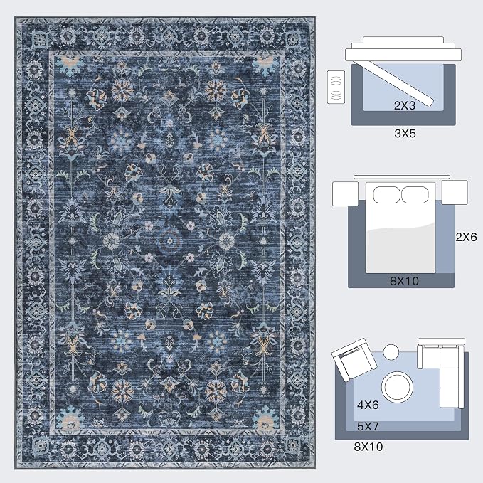 Tangsoo Washable Area Rugs 3x5 Non Slip, Boho Distressed Vintage Blue Floral - Image 2