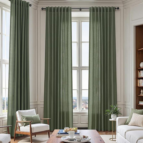 130 Inch Extra Long Curtain for Floor to Ceiling High Window Olive Green Linen by Nanspring