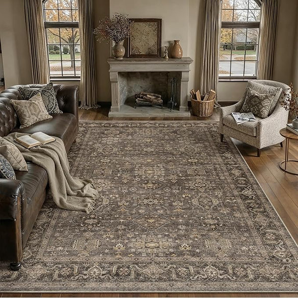 10x12 Washable Area Rug for Living Room Bedroom Vintage Brown Non Slip Carpet by WondRg