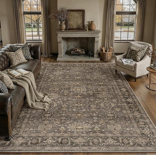 12x15 Washable Area Rug for Living Room Bedroom Vintage Brown Non Slip Carpet by WondRg