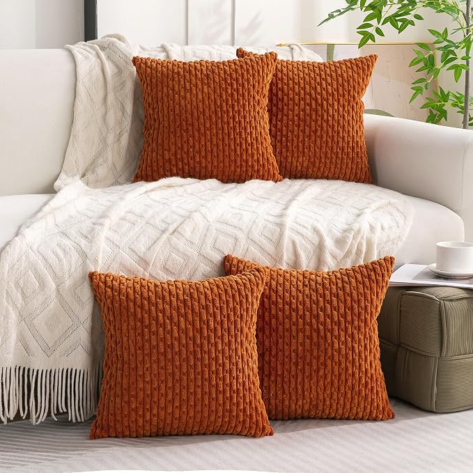 Set of 4 Burnt Orange Decorative Throw Pillow Covers 24x24 Inch Corduroy Pillow - Image 2