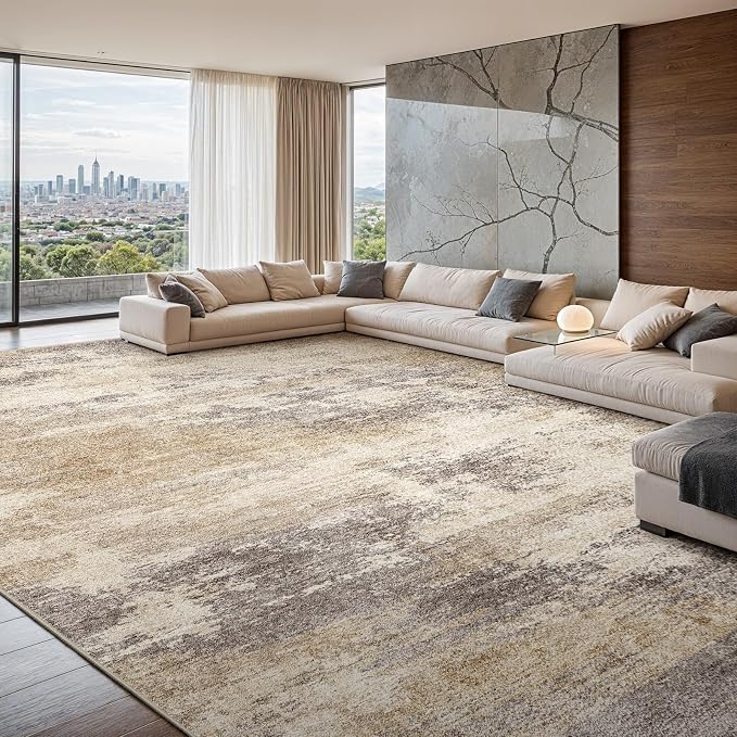12x15 Washable Area Rug for Bedroom: Modern Low-Pile Texture Carpets by EISUROM