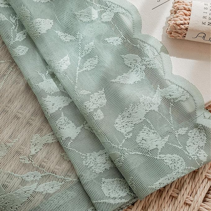Rinwoc Sage Green Lace Semi-Sheer Valance Curtains – Vintage Leaf Lace Tier - Image 7