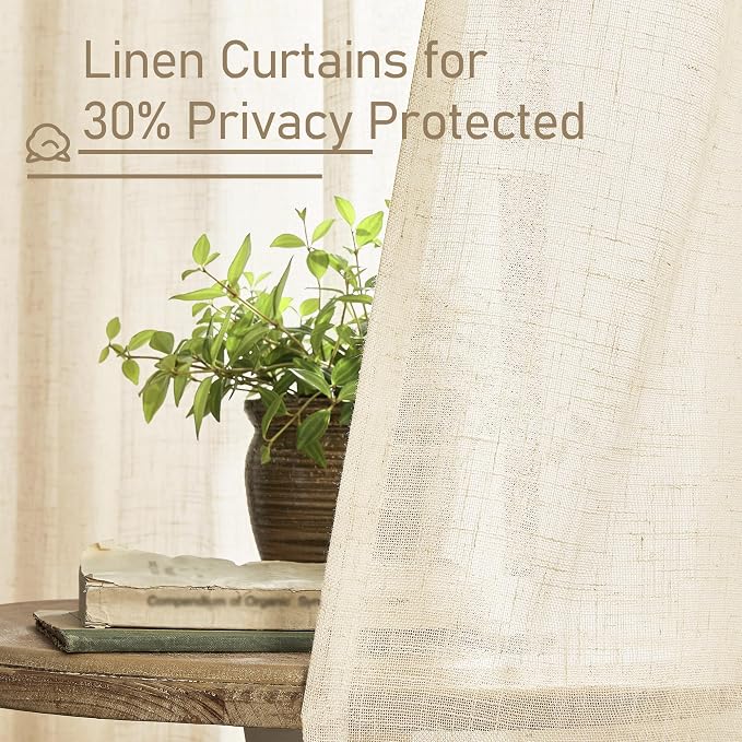 LAMIT Beige Linen Curtains 63 inches Long, Light Filtering Linen Textured Semi - Image 5