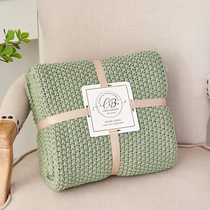 Chunky Cable Knit Throw Blanket Lightweight Light Green 100% Organic Cotton - Image 9