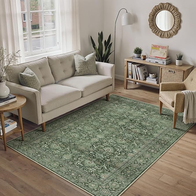 PureCozy Green Area Rug 4x6 Washable Office Entryway Carpet Soft Vintage Indoor by PureCozy