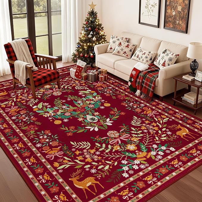 8x10 Area Rugs Living Room Rug: Christmas Washable Rug Floral Soft Carpet - Image 9