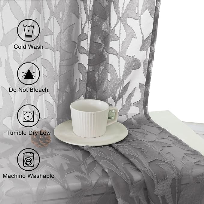 Lecloud Leia Charcoal Grey Sheer Curtains 90 Inches Long 2 Panels, Airy Leaf - Image 9