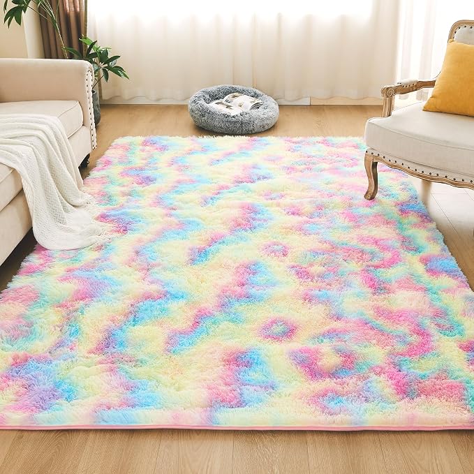 Litanika 6x9 Shag Area Rug for Living Room Bedroom, Tie-Dyed Rainbow High Pile - Image 2