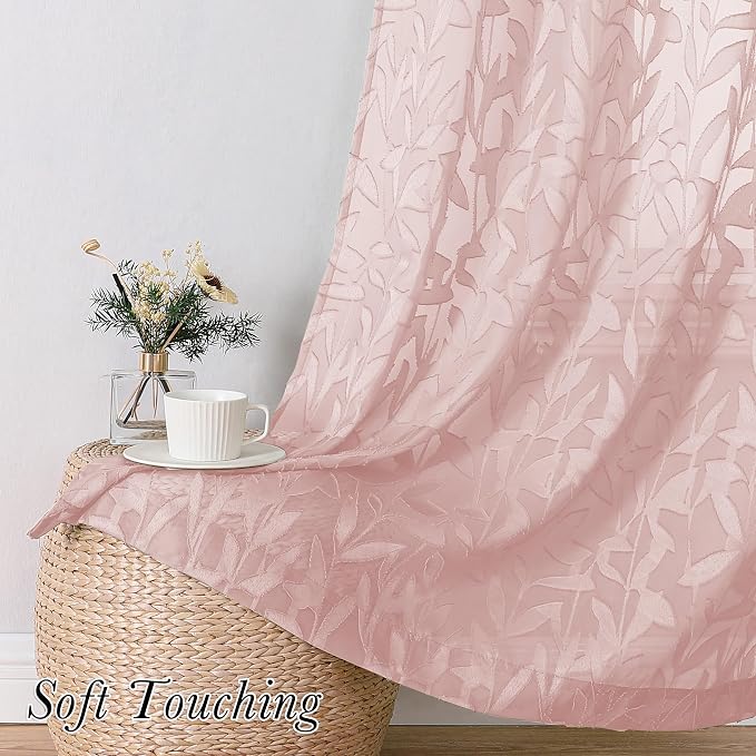 Lecloud Leia Clip Blush Pink Sheer Curtains 84 Inch Length 2 Panels, Jacquard - Image 3