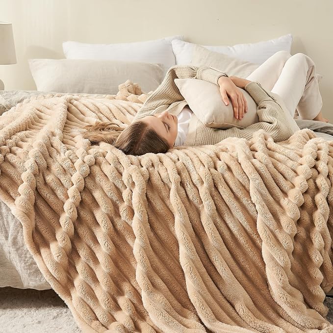 NEWCOSPLAY Super Soft King Blanket Brown Premium Silky Flannel Fleece 3D Ribbed - Image 3