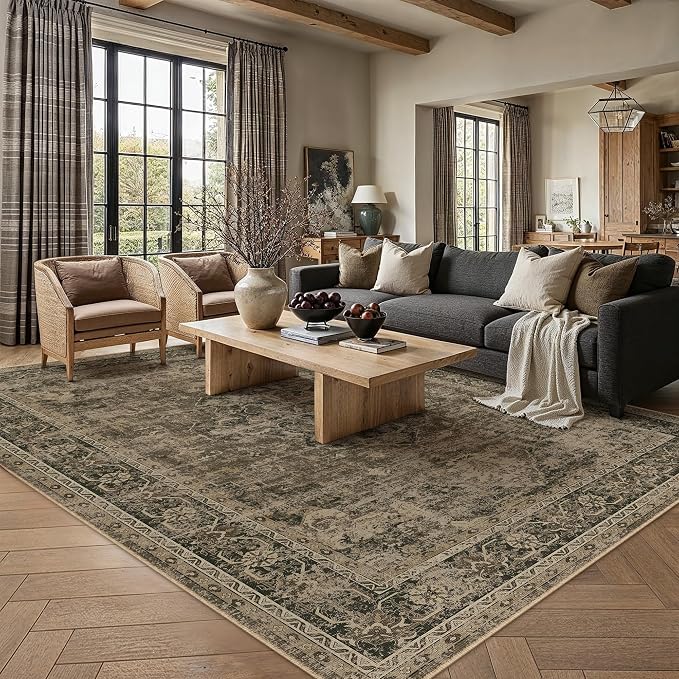 PureCozy 8x10 Washable Area Rug Brown Vintage Distressed Large Rug - Image 3