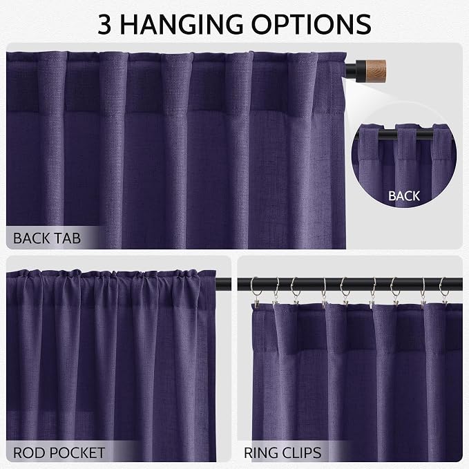 Nanspring Purple Linen Blend Light Filtering Back Tab Curtains 102 Inches Long - Image 3