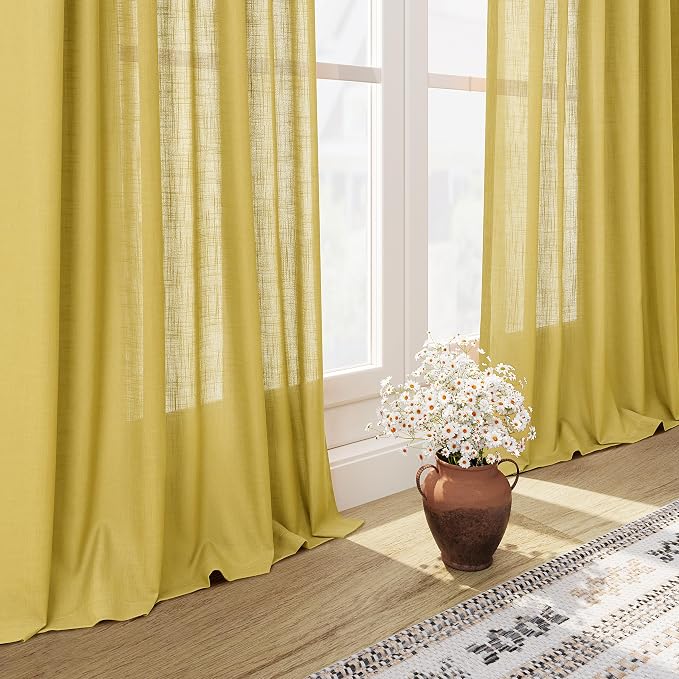 Nanspring Celery Yellow Linen Curtains 90 Inches Long 2 Panel Set Back Tab Rod - Image 6
