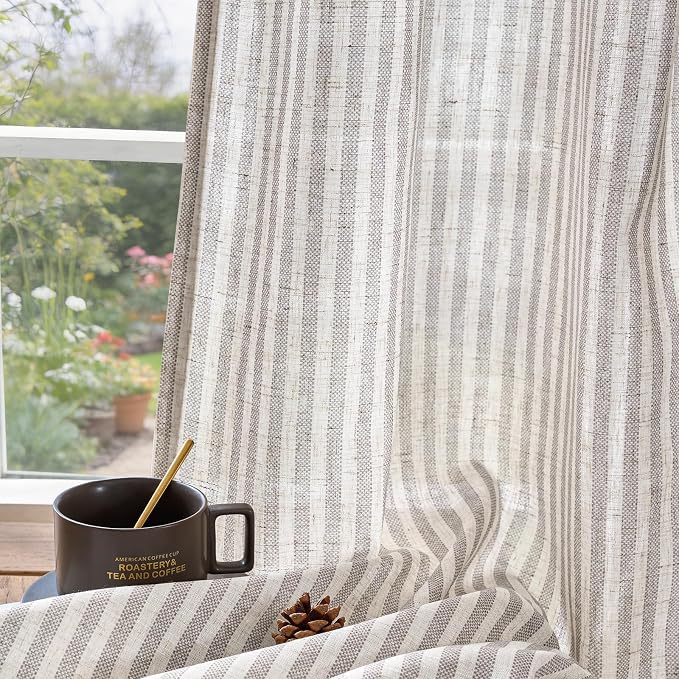 jinchan Linen Curtains for Living Room Taupe Grey on Beige Striped Curtains for - Image 7
