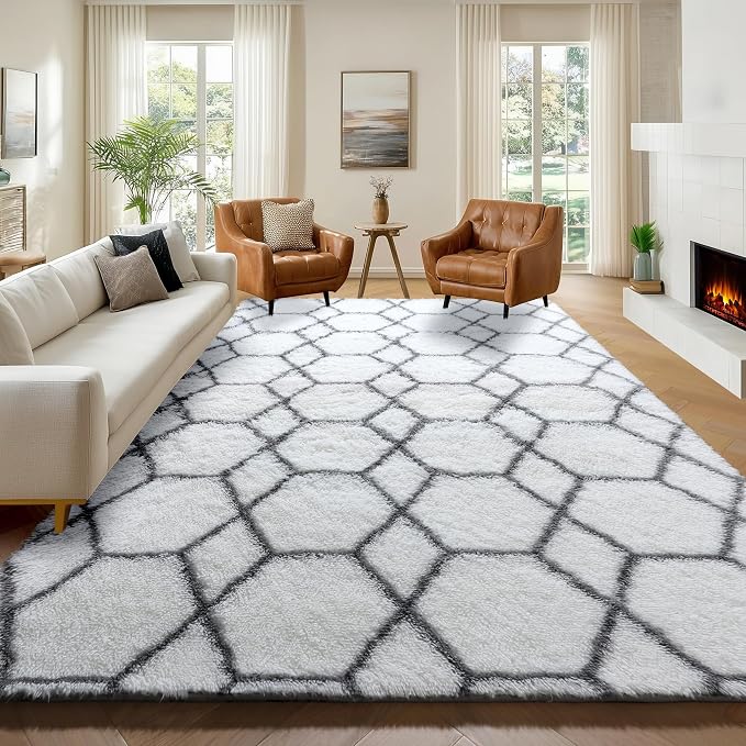 ONASAR Area Rugs for Living Room, 7x10 Fluffy White and Grey Rug for Bedroom - Image 3