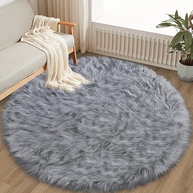 Grey Faux Fur Round Rugs for bedroom Living Room, Furry Carpet for Teen - Image 3