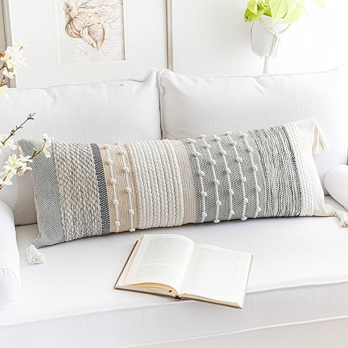 BlissBlush Gray Boho Lumbar Throw Pillow Cover 14x36 Grey Accent Long Body by BlissBlush