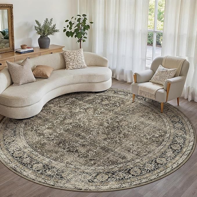 PureCozy Brown Round Area Rug 8ft Washable 8x8 Circle Vintage Low Pile Indoor - Image 2