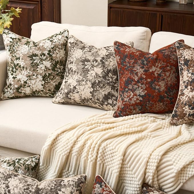 Yangest Neutral Floral Pillow Cover 20 x 20 Inches, Vintage Chenille Square - Image 7