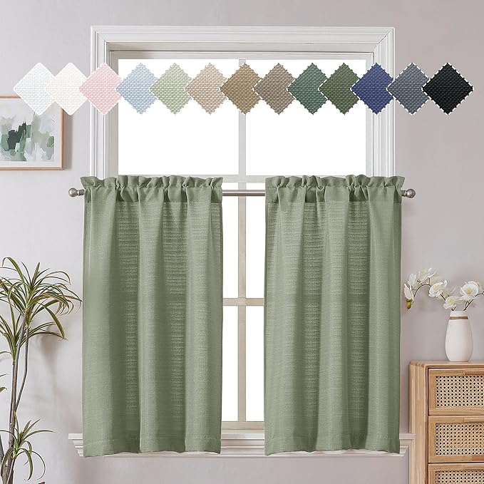 Chyhomenyc Light Green Curtains 30 Inch Length, Faux Linen Textured Small Cafe by Chyhomenyc