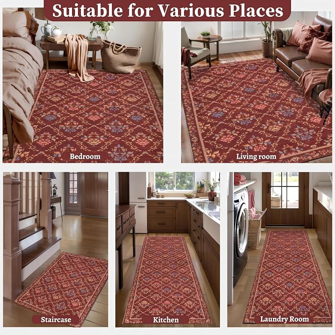 Tangsoo 5x7 Washable Area Rug, Non Slip Red Floral Indoor Rug, Soft Low Pile - Image 9