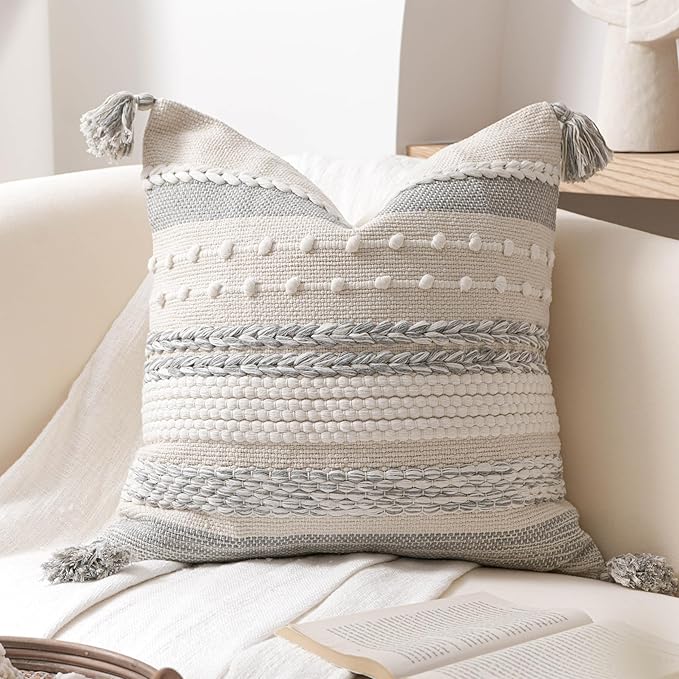BlissBlush Gray Boho Decorative Throw Pillow Cover 22x22 Square Farmhouse by BlissBlush