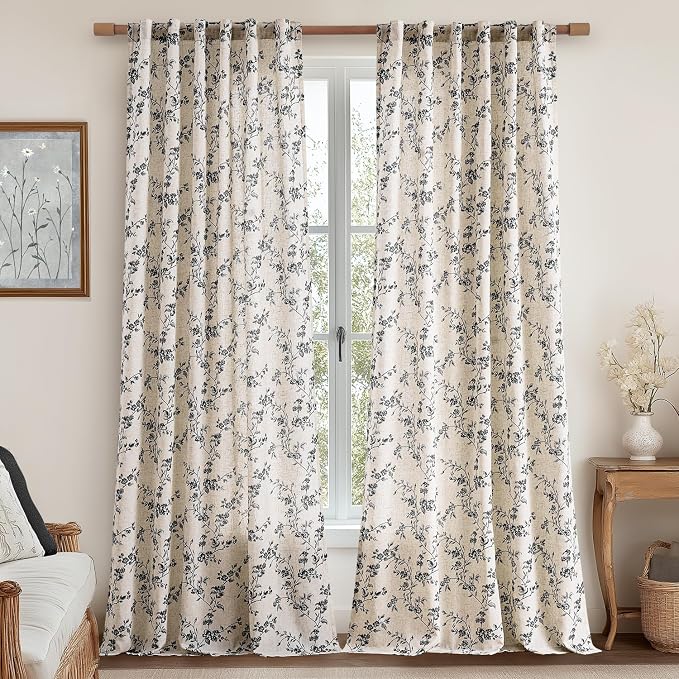jinchan Linen Floral Curtains for Living Room 96 Inch Length Black Printed by JINCHAN
