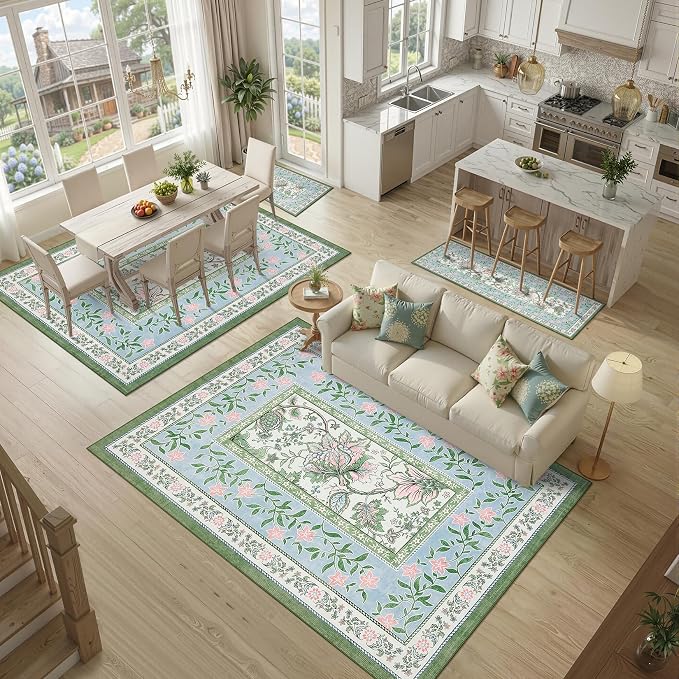 GarveeHome Blue Green Pink Area Rugs 9x12 Living Room, Botanical Grove Cottage - Image 4