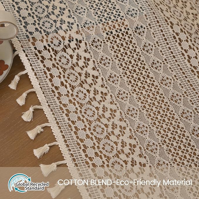 WAZZIO Boho Lace Curtains 102 Inch 2 Panel, Light Filtering Privacy Tassel & - Image 2