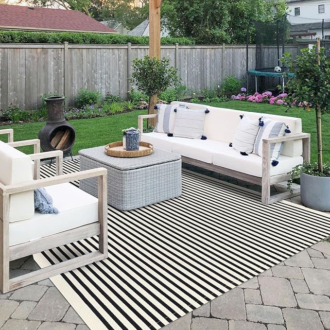 IOHOUZE Black Beige Striped Rug -8'x10' Indoor Outdoor Rug, Washable Area Rug - Image 4