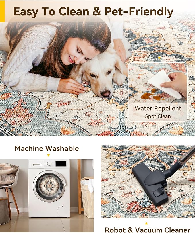 Area Rugs 4ft Washable Non-Slip, Floral Vintage Distress Print Pattern - Image 5