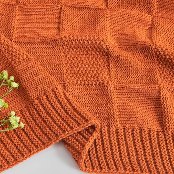 CozeCube Check Knit Throw Blanket, Rust Orange Checkered Throw - Image 9