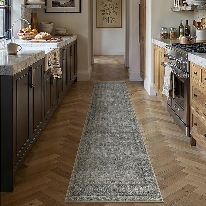 PureCozy Grey Brown Runner Rug 2x8 Vintage Carpet Hallway Long Indoor Kitchen - Image 2