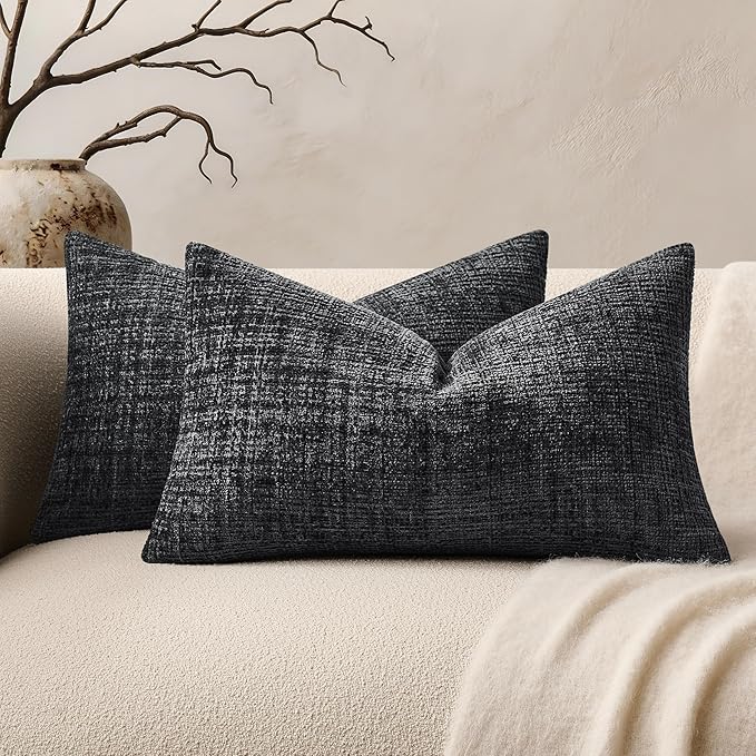 ZeeMart Fine-Textured Lumbar Throw Pillow Covers Set of 2, 12x20 Inch Charcoal by ZEEMARTONLINE