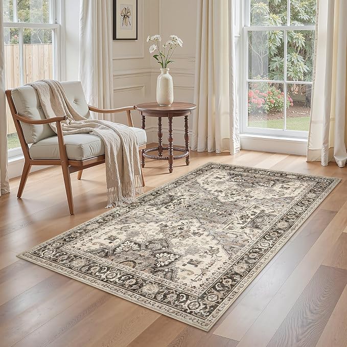 3x5 Washable Entryway Rug: Non-Slip Soft Vintage Floral Indoor Area Rug by homewill