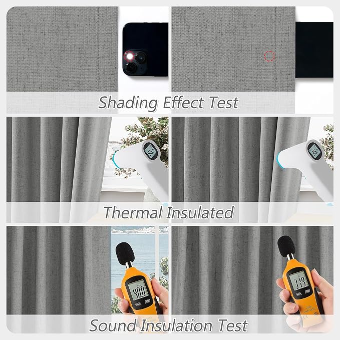 Guken Dark Grey 100% Blackout Linen Curtains 90 Inch Length 2 Panels Set - Image 5