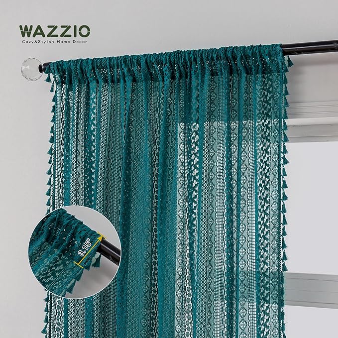 WAZZIO Boho Lace Curtains 96 Inches 2 Panel, Light Filtering Privacy Tassel & - Image 4