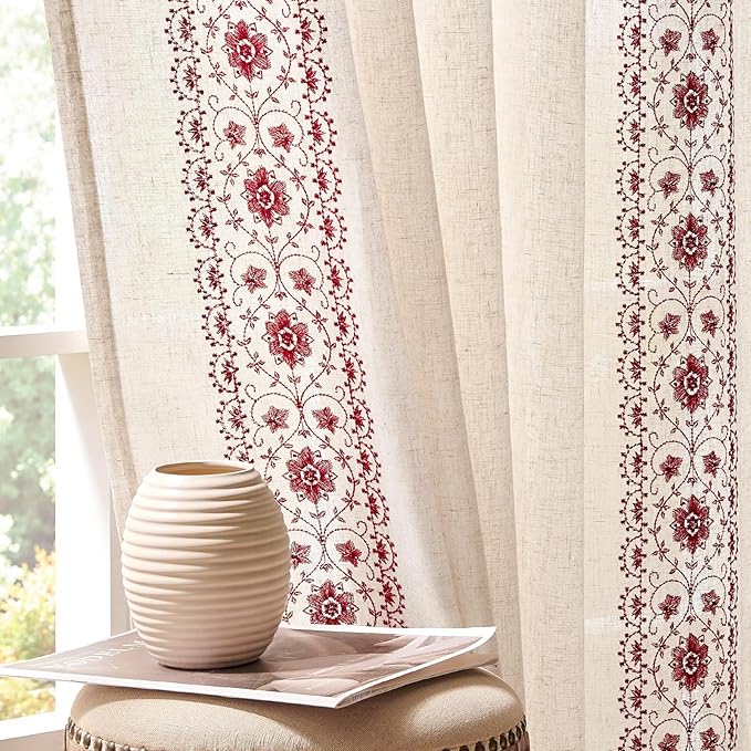 jinchan Boho Curtains for Bedroom Red Vintage Floral Farmhouse Curtains 84 by JINCHAN