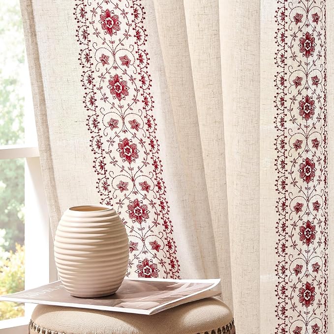 jinchan Boho Curtains for Bedroom Red Vintage Floral Farmhouse Curtains 96 by JINCHAN