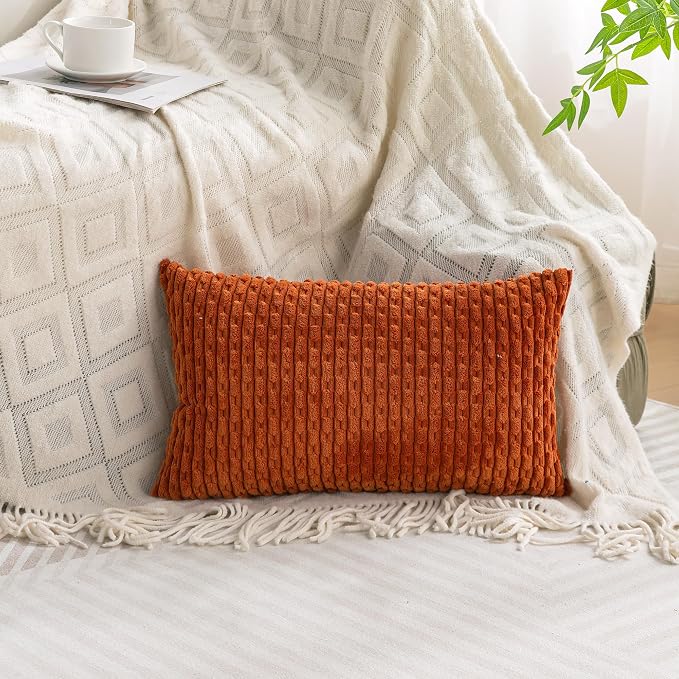 Set of 4 Burnt Orange Decorative Throw Pillow Covers 12x20 Inch Corduroy Pillow - Image 3