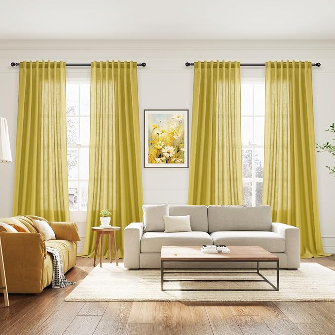 Nanspring Celery Yellow Linen Curtains 90 Inches Long 2 Panel Set Back Tab Rod - Image 7