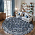 Tangsoo Vintage Round Rug 8ft Washable Circle Rug, Non Slip Boho Navy Blue by Tangsoo