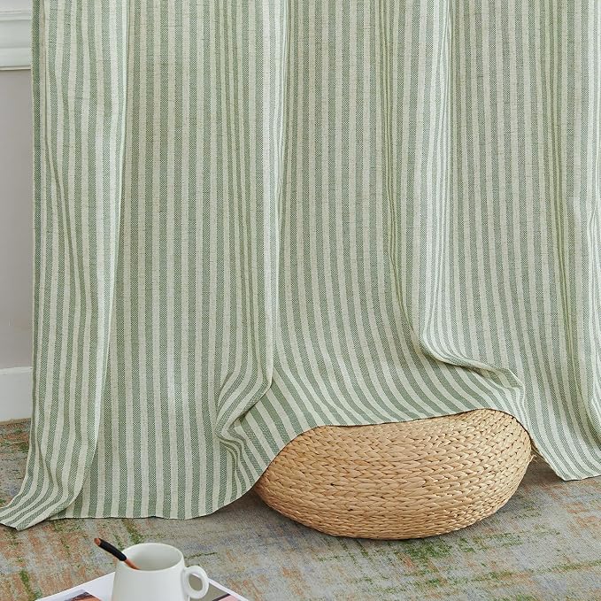 jinchan Linen Curtains for Living Room Green on Beige Striped Curtains for - Image 4