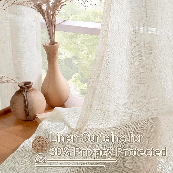 LAMIT 48 Inch Length Short Linen Curtains 2 Panels, Cream Ivory Light Filtering - Image 5