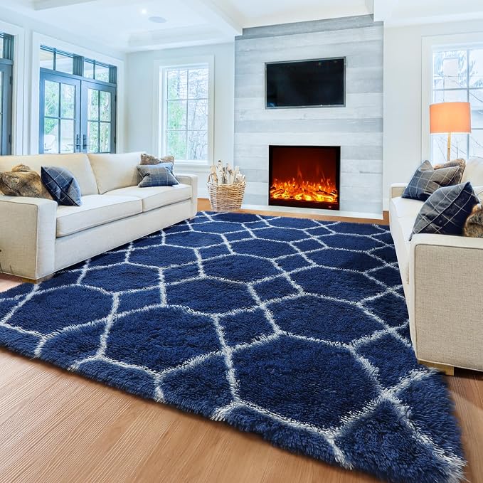 ONASAR Area Rugs for Bedroom Living Room, 4x6 Fluffy Navy Blue and White Throw - Image 4