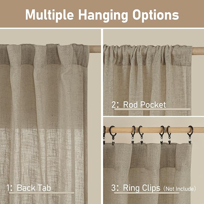 LAMIT Linen Curtains 68 Inch Length 2 Panels, Light Filtering Panels Back Tab - Image 3